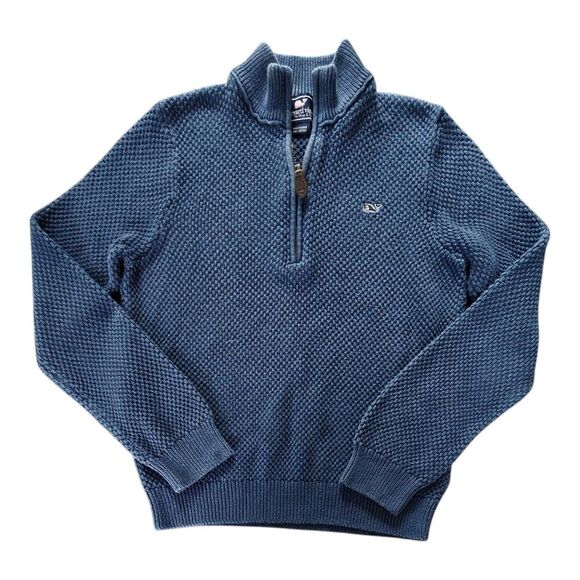 Vineyard Vines Sweater Boys Blue 1/4 Zip Whale Logo Preppy Size S Waffle Knit - Picture 1 of 7